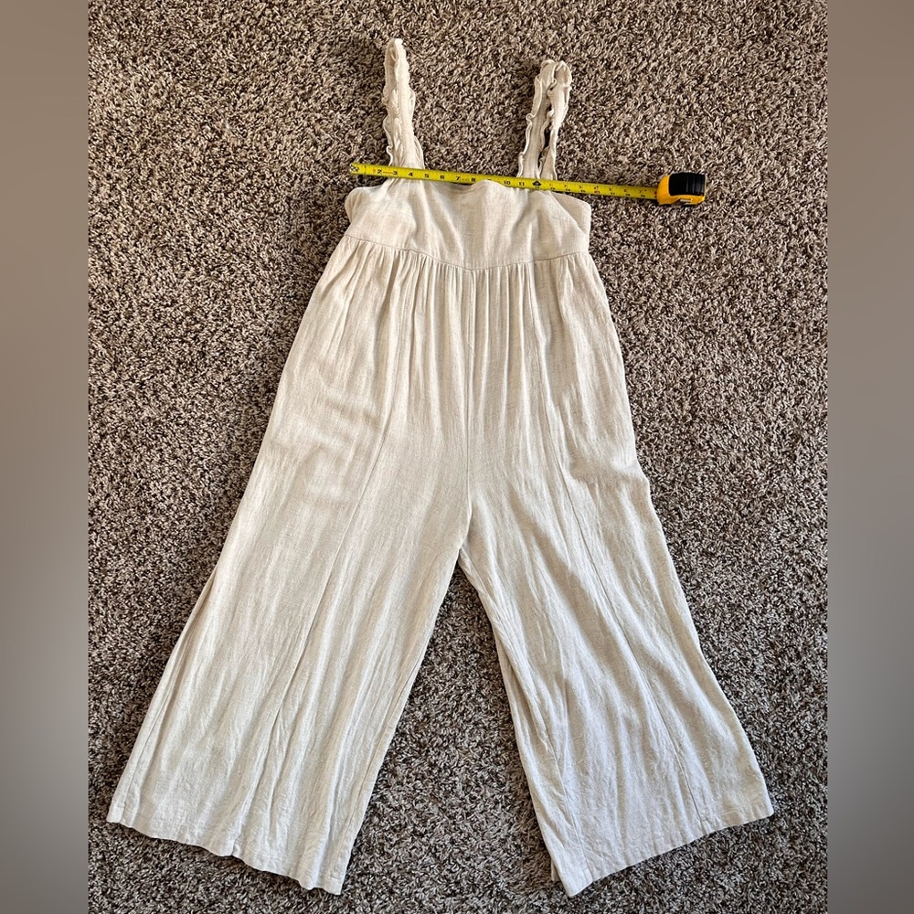 Mittoshop Womens Oatmeal Beige Ruffle Strap Wide Leg Linen Blend Jumpsuit L